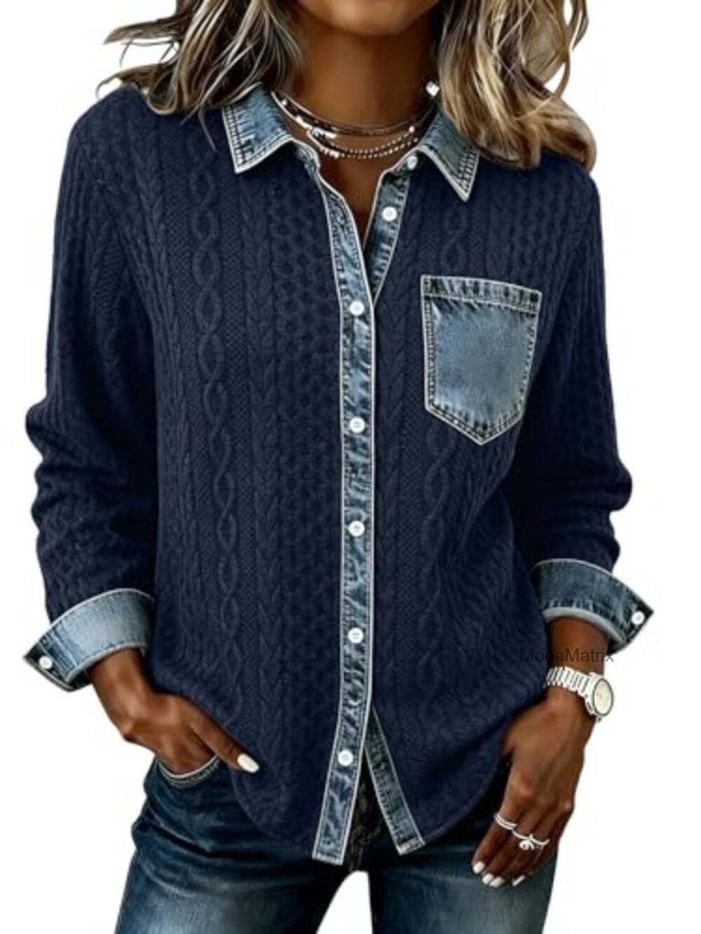 Women's Cable Knit Denim Patchwork Shacket Button Loose Fit Fall Jacket